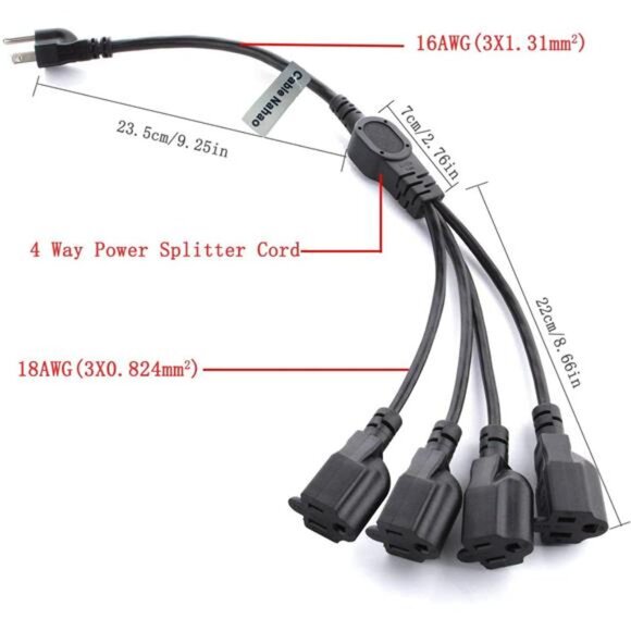 3 Prong 1 to 4 Outlet Power Cord Splitter Cord,Indoor Outdoor Cable Strip - Picture 10 of 14